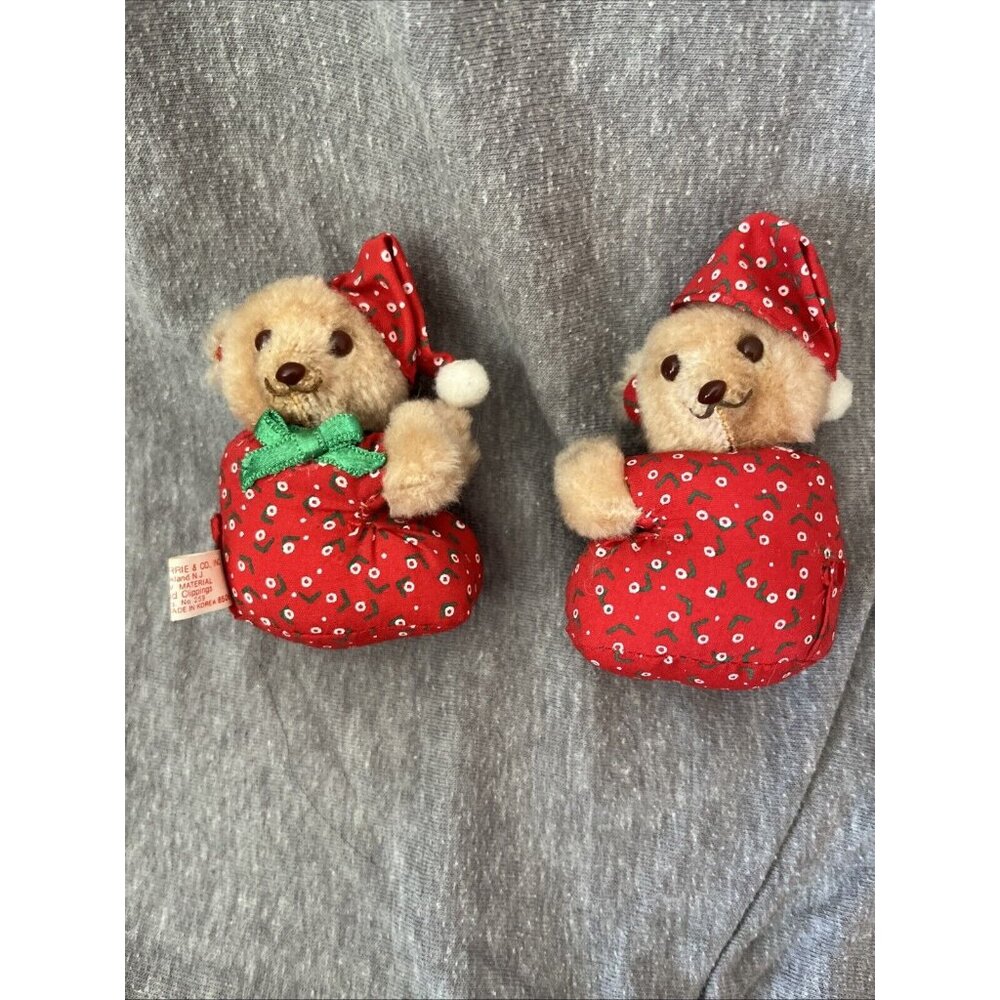 2 Vintage RUSS Hugger Pencil Topper Clip Hugger Pinch Teddy Bears Red Pajamas 2